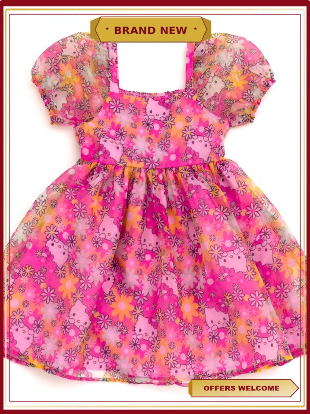 Hello Kitty Girls Sheer Overlay Puff Sleeve Party Dress Size 14-16
